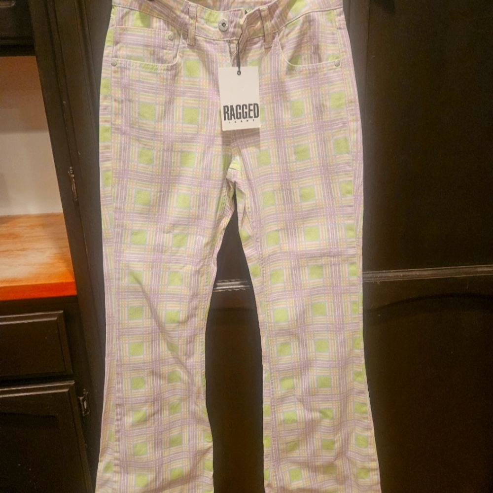 NWT The Ragged Priest Flared Pastel Plaid Denim Midrise 100% Cotton